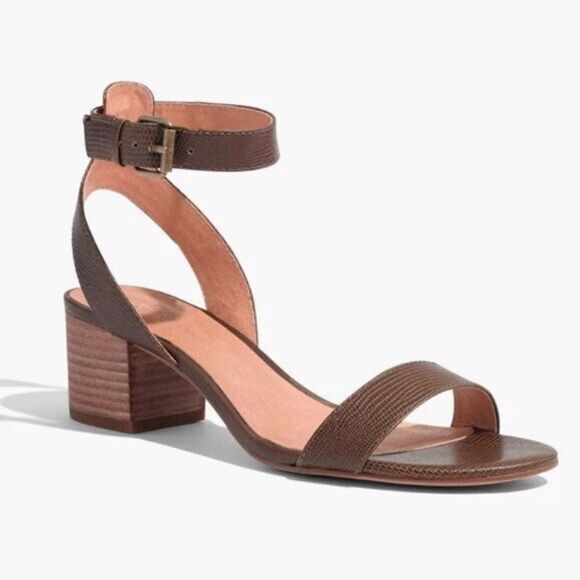 Madewell Alice Strappy Sandal Block Heels Leather Brown Croc Embossed Women's 8 - Picture 1 of 11
